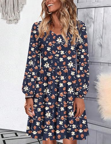 Womens Casual A Line Dress V Neck Tiered Long Sleeve Fit Swing Dress with Pockets Loose Ruffled Dresses