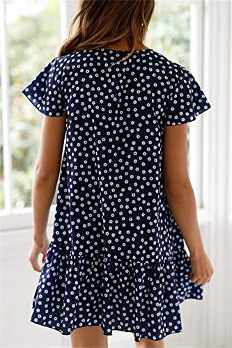 Womens Polka Dot V Neck Button Down Ruffles Loose Mini Short T-Shirt Dress