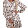 Womens Casual A Line Dress V Neck Tiered Long Sleeve Fit Swing Dress with Pockets Loose Ruffled Dresses