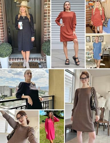 Women's Knit Dress with Puff Sleeves for Fall & Winter - Round Neck Casual Tunic Dress