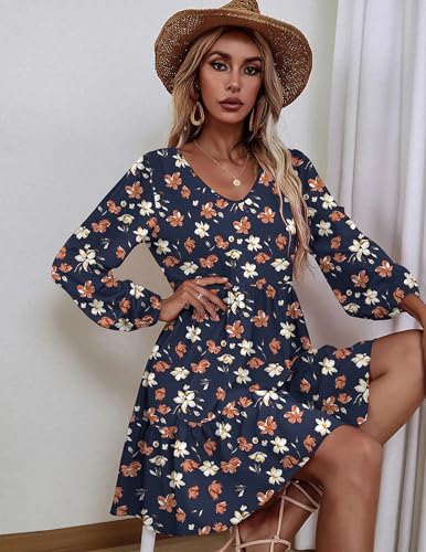 Womens Casual A Line Dress V Neck Tiered Long Sleeve Fit Swing Dress with Pockets Loose Ruffled Dresses