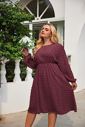 Women's Plus Size Swiss Dot Long Sleeve Chiffon Dress Flowy High Waist A Line Ruffle Babydoll Midi Dresses 16W-24W