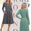 2 Pack Women's Long Sleeve Sweater Dress Ribbed Pleated Casual Round Neck Knee Length Dress with Pocket