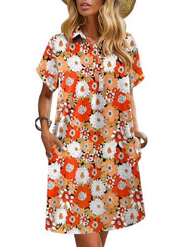 Womens Summer Shirt Dress Short Sleeve Floral Shift Dress Casual Loose Flowy Beach Sundress with Pockets